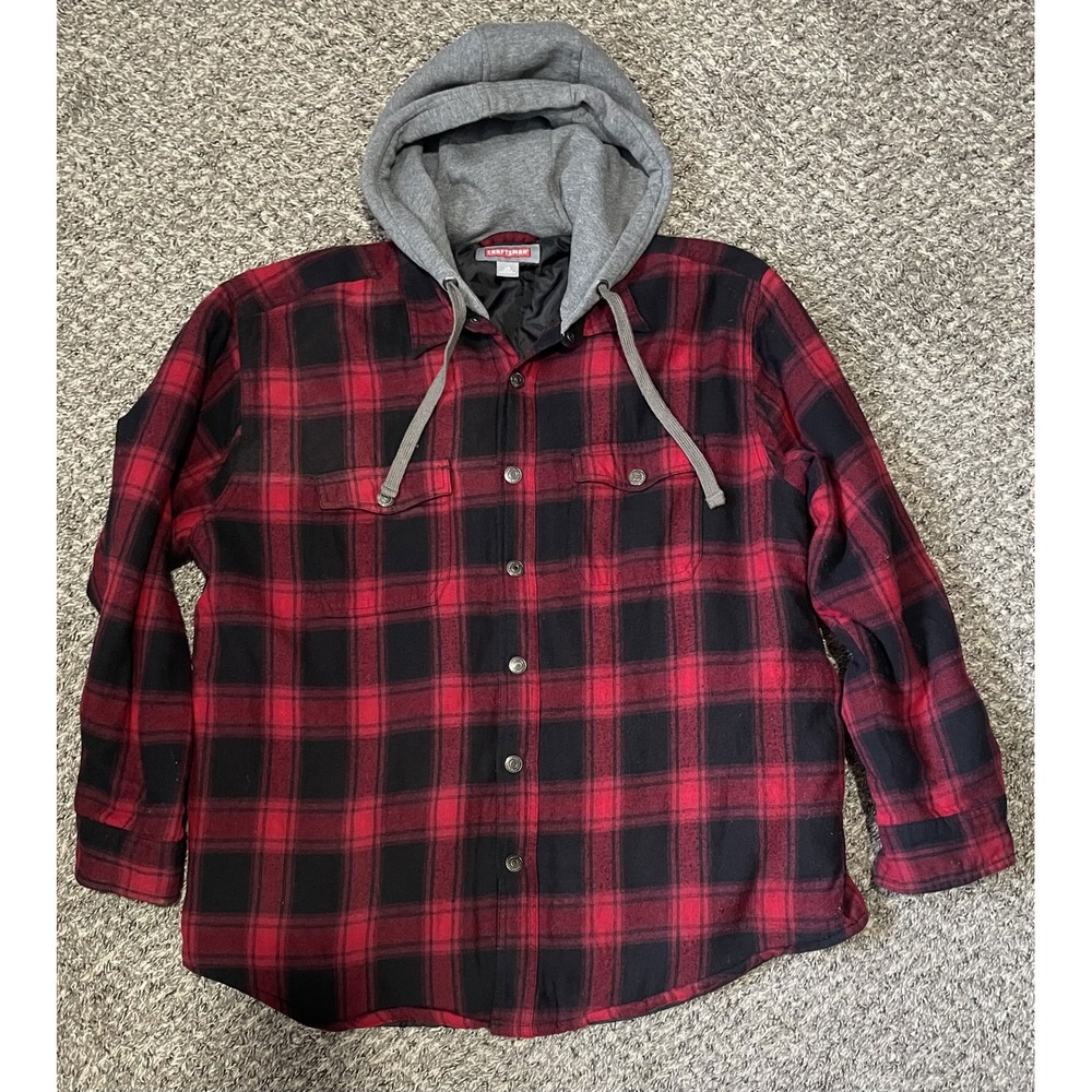 Craftsman Mens Red Black Plaid Hooded Flannel Shirt Jacket Quilted Lined Large